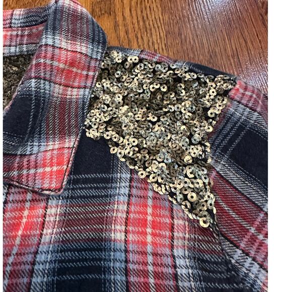 Free People Little Bit of Sugar Plaid Sequin Flannel Top Size Medium Streetwear - Picture 4 of 10